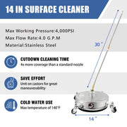 janz 14" Pressure Washer Surface Cleaner with 4 Wheels, Stainless Steel Housing, 1/4" Quick Plug, 2 Extension Wands, 2 Replacement Nozzles and 3 Spray Nozzles, 4000 PSI - Grill Parts America