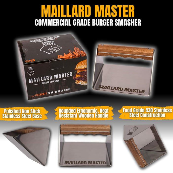 Smash City Smashed Burger Press – Non Stick Stainless Steel Burger Smasher Tool – Grill Press Smashburger Tool– Smashed Burger Press for Smashburger with Rounded Wooden Handle - Grill Parts America