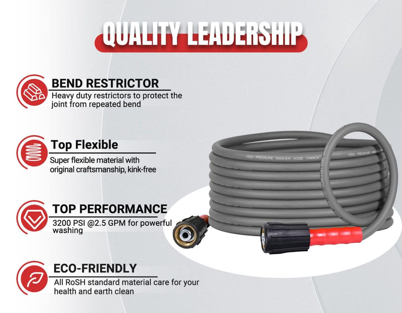 YAMATIC Super Flexible Pressure Washer Hose 25FT for Power Washer Replacement, Kink Resistant Extension With Leak-Free M22 Female & 3/8" Quick Connect Adapters, 1/4" 3200 PSI, Grey - Grill Parts America