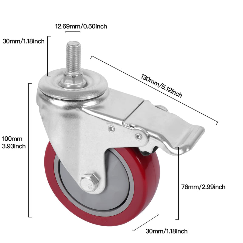 DICASAL 4 Inch Heavy Duty Stem Casters 360 Degree Swivel Thread Wheels with Metric Size M12-1.75 Screw Bolt Double Locking Brake Castor Wheel Load Capacity Upto 1200 Lbs Pack of Four - Grill Parts America