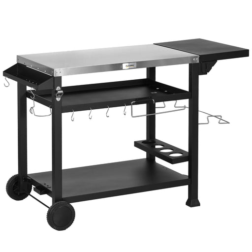 Outsunny Outdoor Grill Cart with Foldable Side Table, 46" x 21.75" Multifunctional Stainless Steel Pizza Oven Stand with Three-Shelf, Movable Food Prep Table on Wheels, Black - Grill Parts America