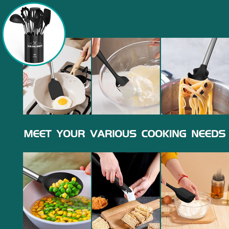Silicone Cooking Utensil Set, Umite Chef 15pcs Silicone Cooking Kitchen Utensils Set, Non-stick - Best Kitchen Cookware with Stainless Steel Handle - Black - Grill Parts America