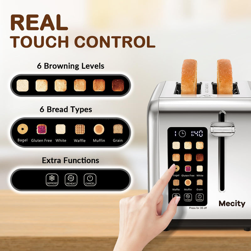Mecity 2 Slice Toaster Touch Screen 1.5" Wide Slot, Stainless Steel Smart Bread Toaster for Bagel Muffin Waffle Gluten Free Breads, Timer, Defrost, Reheat, 120V 825W - Grill Parts America