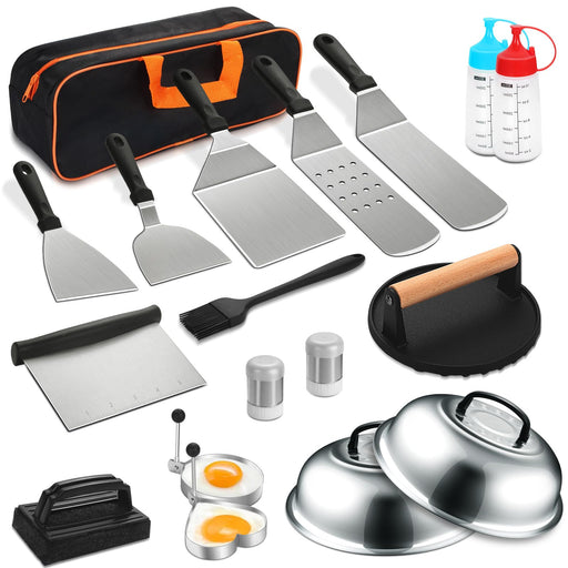 19PCS Griddle Accessories Kit, Stainless Steel Flat Top Grill Accessories Set for Blackstone and Camp Chef, Grill Spatula Set with Enlarged Spatulas, Basting Cover, Scraper for Outdoor Barbecue - Grill Parts America