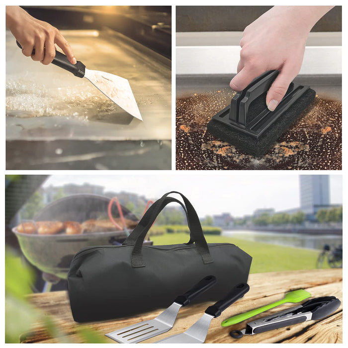 Griddle Accessories,15 Pcs Flat Top Grill Accessories kit for Blackstone and Camp,Stainless Steel BBQ Accessories with Spatula, Basting Cover,Tongs,Egg Mold & Carry Bag for Outdoor BBQ Teppanyaki - Grill Parts America