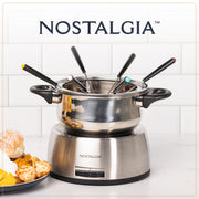 Nostalgia 6-Cup Electric Fondue Pot Set for Cheese & Chocolate - 6 Color-Coded Forks, Temperature Control - Stainless Steel Kitchen Gadgets and Appliances for Hors d'Oeuvres and More - Stainless Steel - Grill Parts America