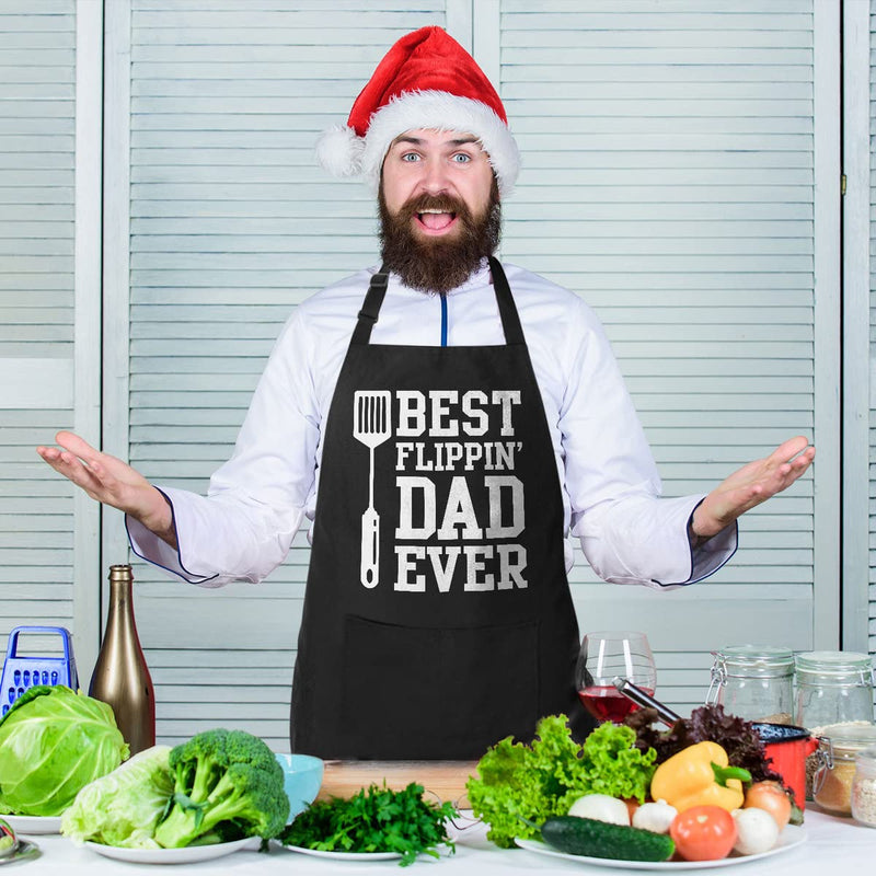 VAGAVY - Best Flippin Dad Ever Dad Apron with Pockets - Bottle Opener and Gift Box Included - Birthday, Father’s Day Grilling Gifts for Papa, Husband - Black Barbeque Apron for Daddy Men - Grill Parts America