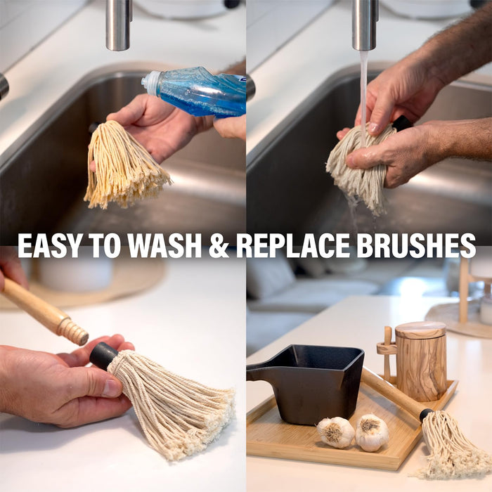 Cast Iron Sauce Pot with BBQ Mop Brush – Small Cast Iron Basting Pot & Mop Brush for Grilling, Smoking, and Saucing – BBQ Mop Brushes for Sauce, 24 Oz - Grill Parts America