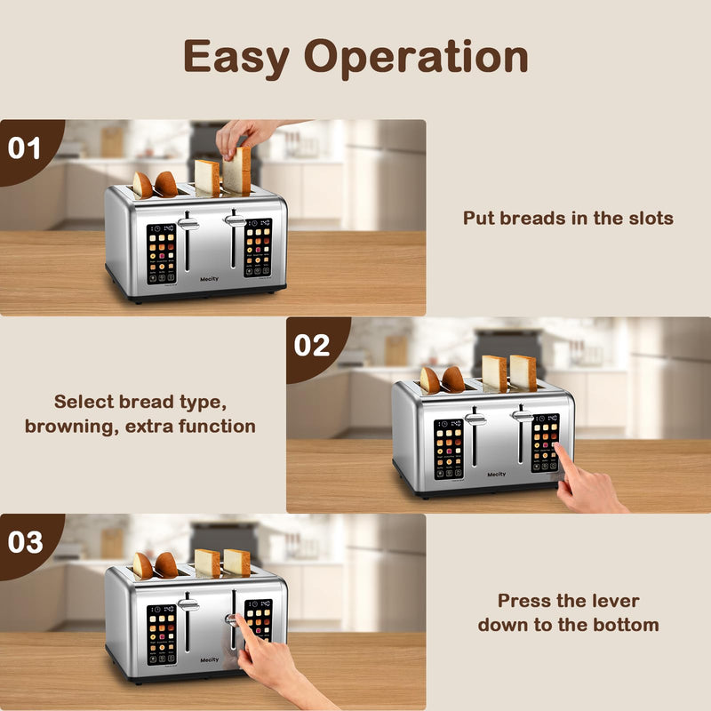 Mecity 4 Slice Toaster Touch Screen Control 4 Wide Slot, Stainless Steel Smart Bread Toaster for Bagel Muffin Waffle, Dual Control Pannel, Timer, Defrost, Reheat, 120V 1650W - Grill Parts America