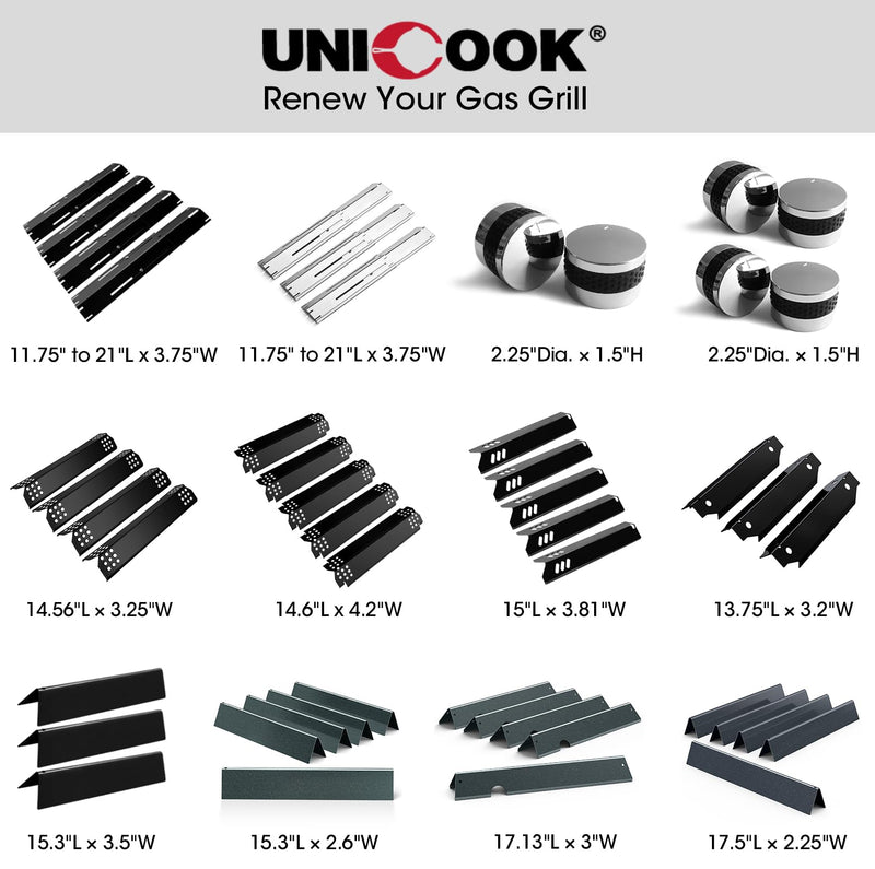 Unicook Heavy Duty Adjustable Porcelain Steel Grill Heat Plate Shield Replacement, Heat Tent, Flavorizer Bar, Burner Cover, Flame Tamer for Gas Grill, Extends from 11.75" up to 21" L, 3 Pack