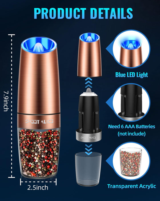 Gravity Electric Pepper and Salt Grinder Set, Adjustable Coarseness, Battery Powered with LED Light, One Hand Automatic Operation, Stainless Steel Copper, 2 Pack - Grill Parts America