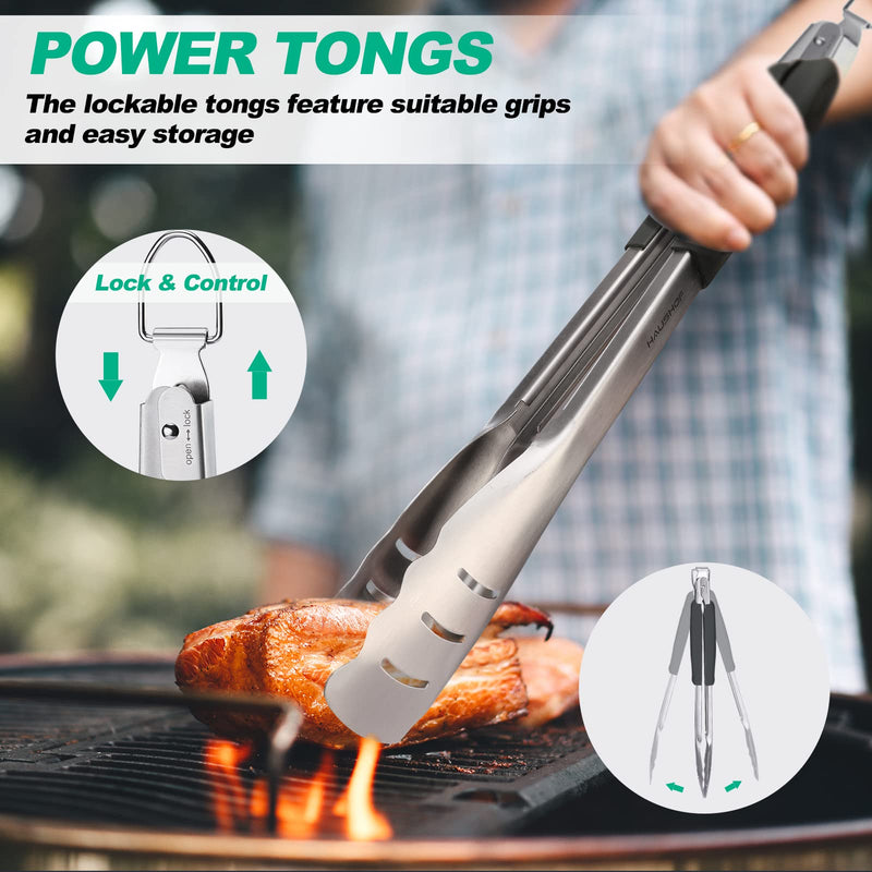 HAUSHOF Large Grill Accessories Heavy Duty BBQ Set Gifts for Men/Women - Premium Stainless Steel Spatula, Fork & Tongs (16.5/16/16.5 in.), Barbecue Utensils Tool Kit Gift for Grilling Lover Outdoor - Grill Parts America
