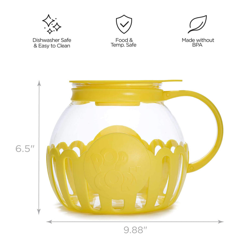 Ecolution Patented Micro-Pop Microwave Popcorn Popper with Temperature Safe Glass, 3-in-1 Lid Measures Kernels and Melts Butter, Made Without BPA, Dishwasher Safe, 3-Quart, Yellow - Grill Parts America