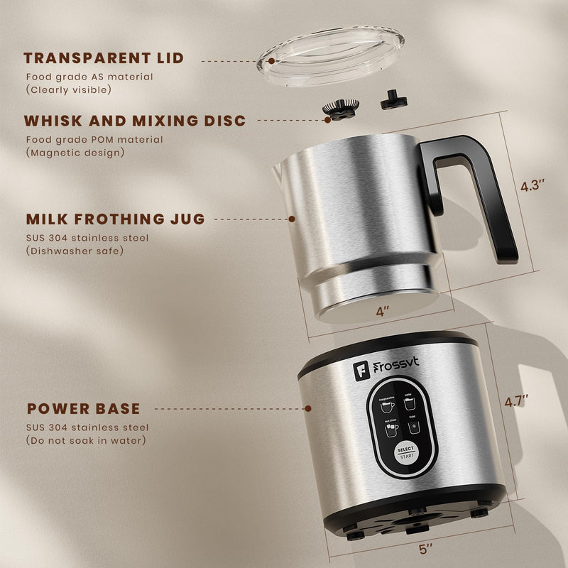 Frossvt Electric Milk Frother, 4 in 1 Milk Frother and Steamer, 350ml Hot/Cold Foam Maker for Hot and Cold Milk Froth, Hot Milk, Chocolate Milk with Silicone Spatula & 2 Whisks - Grill Parts America