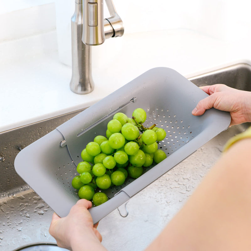 BLUE GINKGO Over the Sink Colander Strainer Basket - Wash Vegetables and Fruits, Drain Cooked Pasta and Dry Dishes - Extendable - New Home Kitchen Essentials (7.9W x 14-19L x 2.75H) - Gray - Grill Parts America