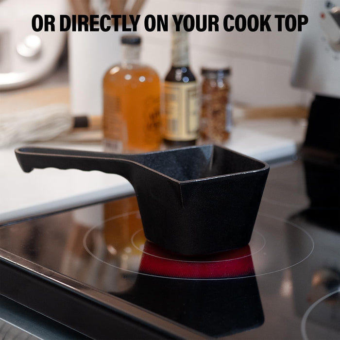 Cast Iron Sauce Pot with BBQ Mop Brush – Small Cast Iron Basting Pot & Mop Brush for Grilling, Smoking, and Saucing – BBQ Mop Brushes for Sauce, 24 Oz - Grill Parts America