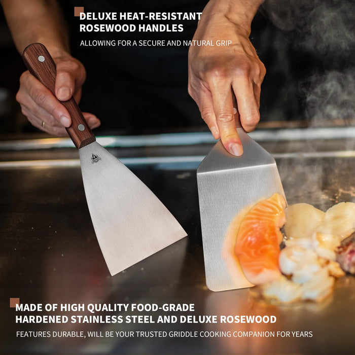 GRILLGEN 6-Piece Professional Griddle Accessories Kit for Griddle Cooking, Premium Rosewood Handles Spatulas Set with Scraper, Santoku Knife, Carving Fork, Storage Bag, Flat Top Grill Accessories - Grill Parts America