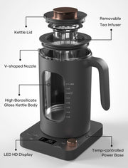 Electric Tea Kettle, INTASTING Glass Electric Kettle with tea Infuser and Precise knob temperature control, 1200W Fast Heating, BPA-Free, Easy to Clean, for Tea and coffee, Dark Grey - Grill Parts America