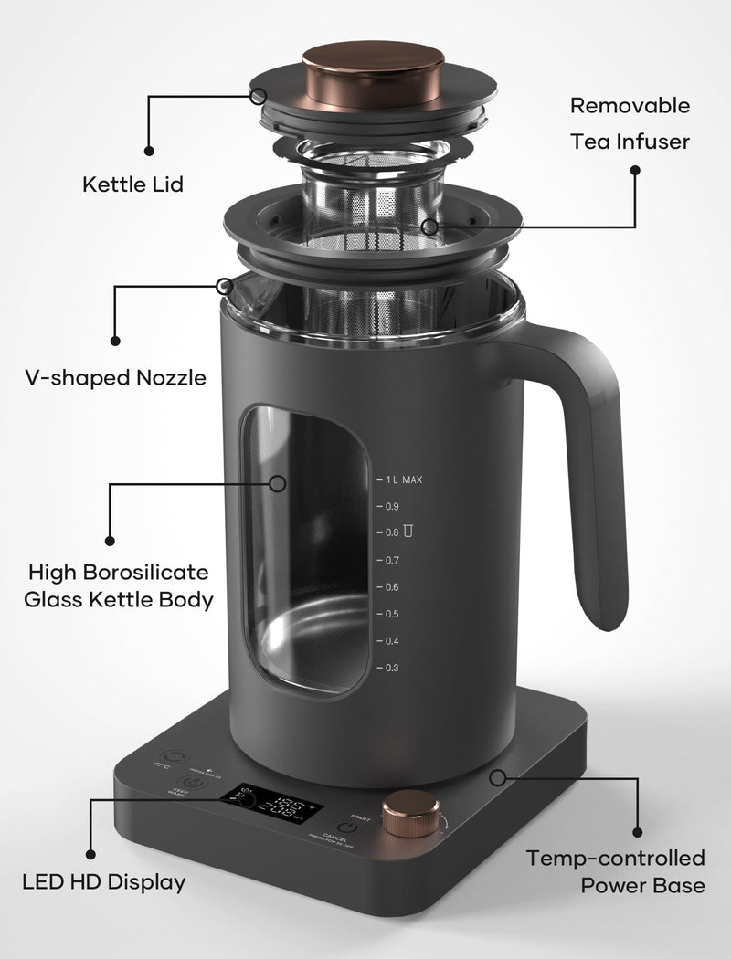 Electric Tea Kettle, INTASTING Glass Electric Kettle with tea Infuser and Precise knob temperature control, 1200W Fast Heating, BPA-Free, Easy to Clean, for Tea and coffee, Dark Grey - Grill Parts America