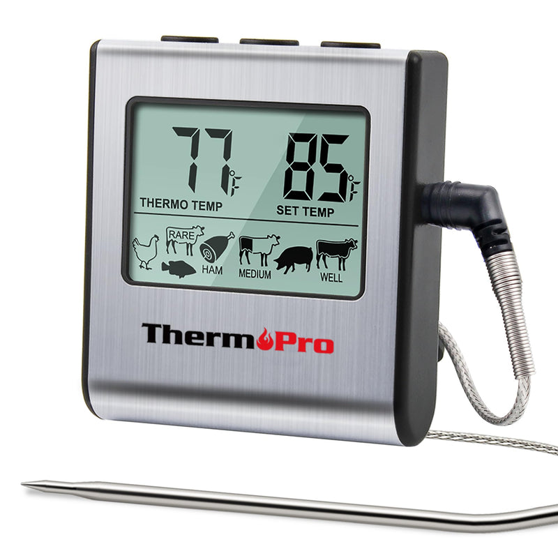 ThermoPro TP16 Large LCD Digital Cooking Food Meat Thermometer for Smoker Oven Kitchen BBQ Grill Thermometer Clock Timer with Stainless Steel Temperature Probe - Grill Parts America