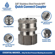 3/8 Quick Connect Fittings by ESSENTIAL WASHER - Set of 2 – 3/8 Inch Female Stainless Steel Pressure Washer Quick Connect Fittings - Quality Pressure Washer Quick Connect Kit 2-Pack - Grill Parts America