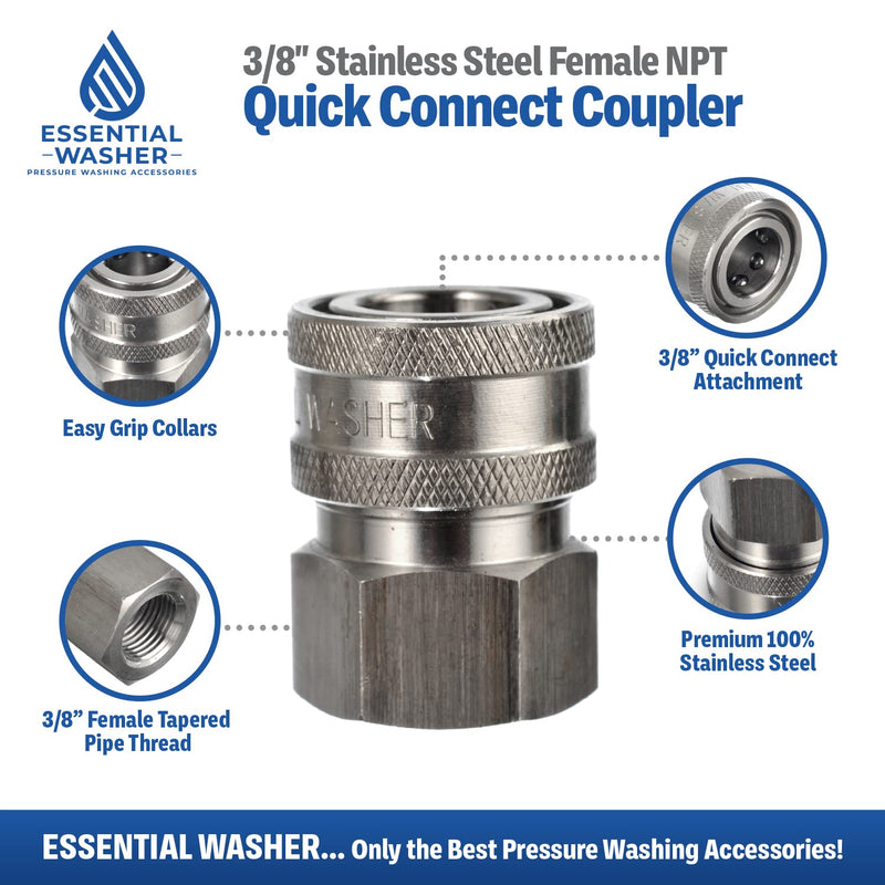 3/8 Quick Connect Fittings by ESSENTIAL WASHER - Set of 2 – 3/8 Inch Female Stainless Steel Pressure Washer Quick Connect Fittings - Quality Pressure Washer Quick Connect Kit 2-Pack - Grill Parts America