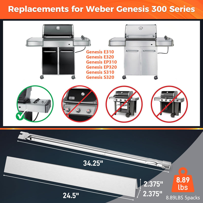QuliMetal 24.5" Flavorizer Bars & SUS304 34 1/4" Grill Burners for Weber Genesis 300 Series - Fits Genesis E310 E320 S310 S320 Grill Parts with Side Control, Replaces for Weber 7540, 67722, 67820 - Grill Parts America