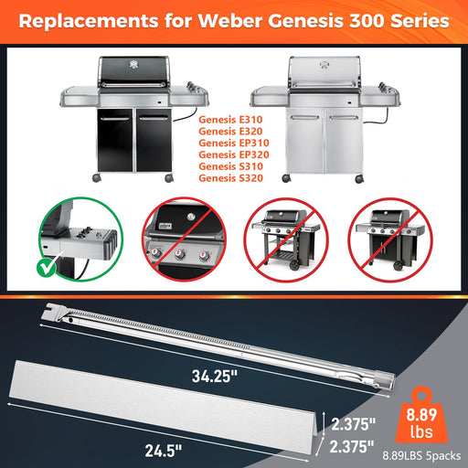 QuliMetal 24.5" Flavorizer Bars & SUS304 34 1/4" Grill Burners for Weber Genesis 300 Series - Fits Genesis E310 E320 S310 S320 Grill Parts with Side Control, Replaces for Weber 7540, 67722, 67820 - Grill Parts America