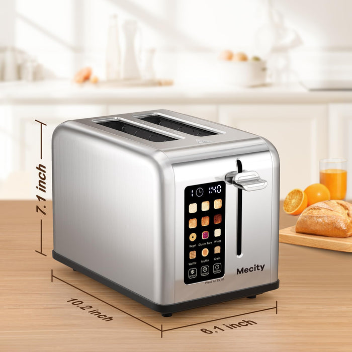 Mecity 2 Slice Toaster Touch Screen 1.5" Wide Slot, Stainless Steel Smart Bread Toaster for Bagel Muffin Waffle Gluten Free Breads, Timer, Defrost, Reheat, 120V 825W - Grill Parts America