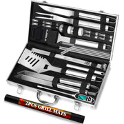 ROMANTICIST 30pcs Stainless Steel Grill Tool Set, Heavy Duty BBQ Grilling Accessories for Men Women, Non-Slip Grill Utensils Kit with Thermometer Mats in Aluminum Case for Outdoor, Camping Silver - Grill Parts America