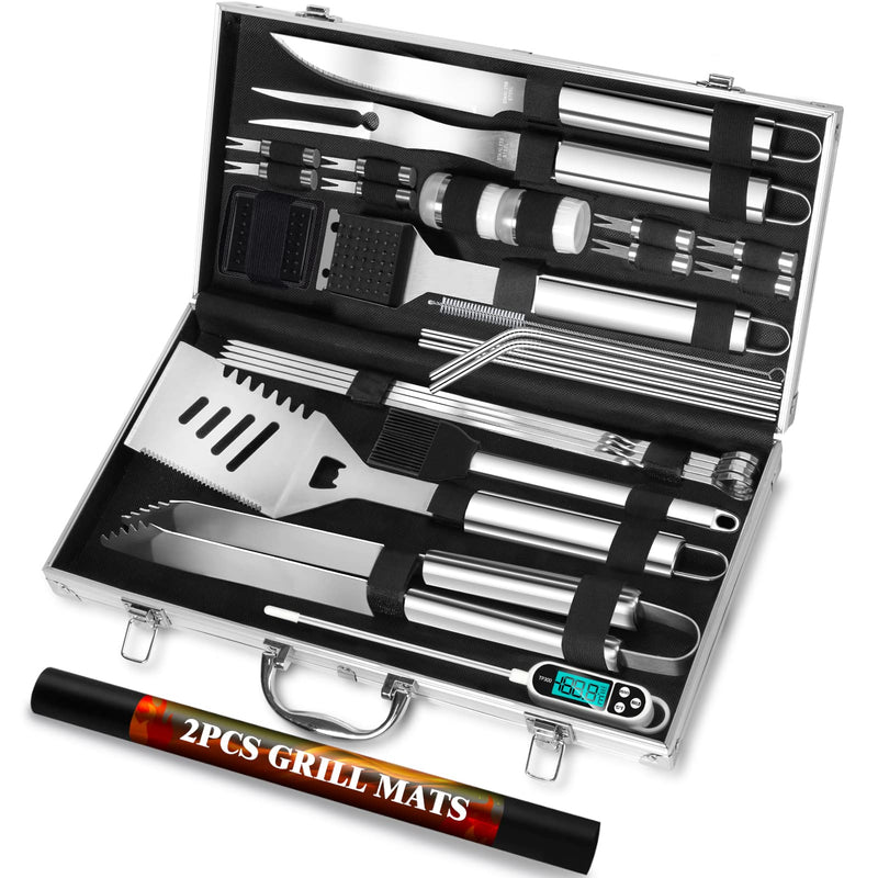 ROMANTICIST 30pcs Stainless Steel Grill Tool Set, Heavy Duty BBQ Grilling Accessories for Men Women, Non-Slip Grill Utensils Kit with Thermometer Mats in Aluminum Case for Outdoor, Camping Silver - Grill Parts America