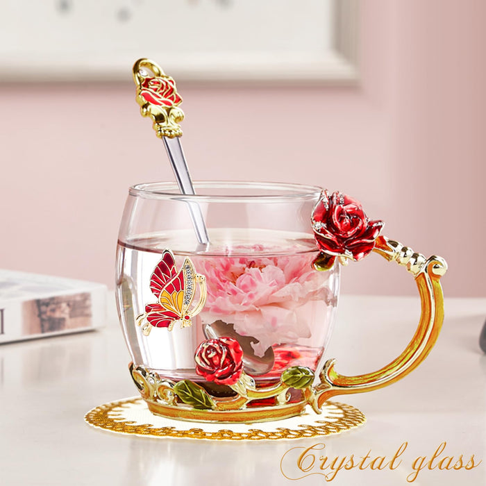 OEAGO Gifts for Mom Women Mothers Day Glass Coffee Enamels Mug Best Birthday Butterfly Rose Gifts for Her from Daughter Son Lead-Free Valentines Day Christmas Red Tea Cup with Spoon Set - Grill Parts America