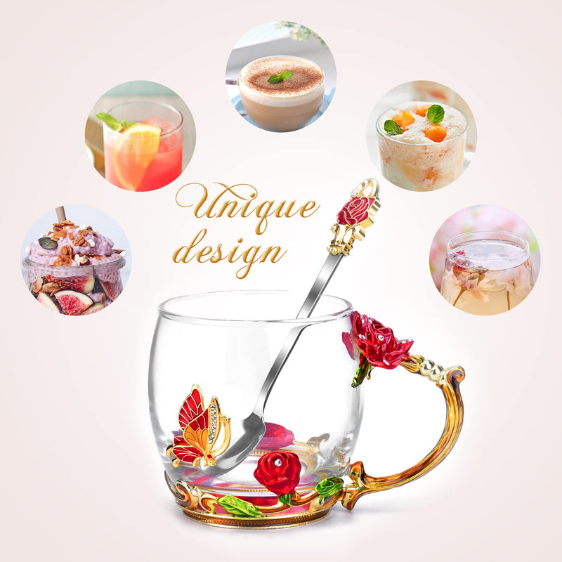 OEAGO Gifts for Mom Women Mothers Day Glass Coffee Enamels Mug Best Birthday Butterfly Rose Gifts for Her from Daughter Son Lead-Free Valentines Day Christmas Red Tea Cup with Spoon Set - Grill Parts America
