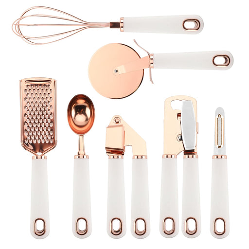 COOK WITH COLOR Kitchen Gadget Set Stainless Steel Utensils with Soft Touch Handles, 7 Pc. Copper, White - Grill Parts America