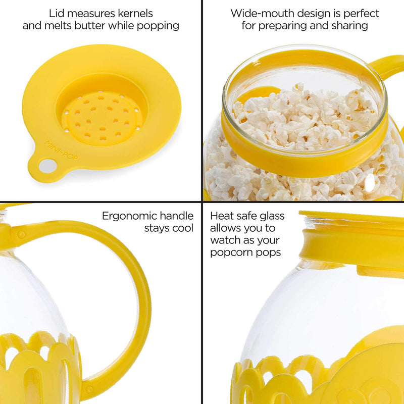 Ecolution Patented Micro-Pop Microwave Popcorn Popper with Temperature Safe Glass, 3-in-1 Lid Measures Kernels and Melts Butter, Made Without BPA, Dishwasher Safe, 3-Quart, Yellow - Grill Parts America
