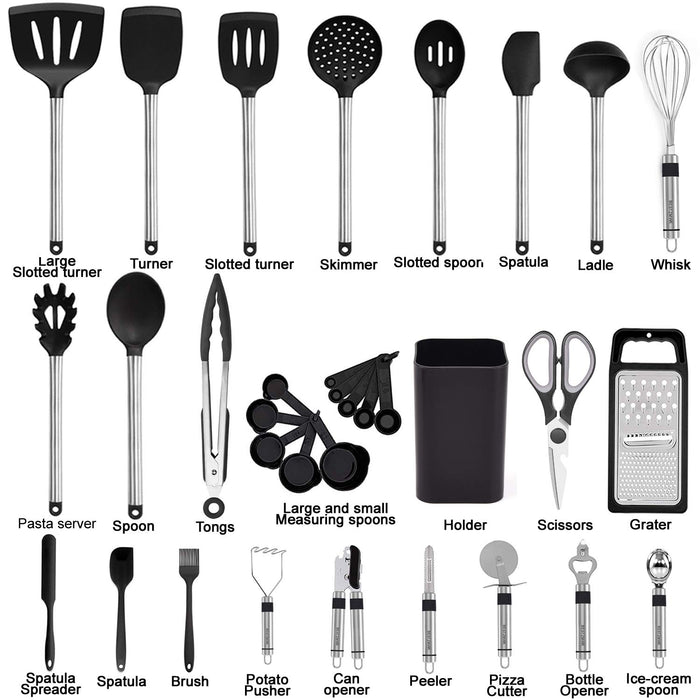 Kitchen Utensil Set-Silicone Cooking Utensils-33 Kitchen Gadgets & Spoons for Nonstick Cookware-Silicone and Stainless Steel Spatula Set-Best Kitchen Tools, Useful Pots and Pans Accessories - Grill Parts America