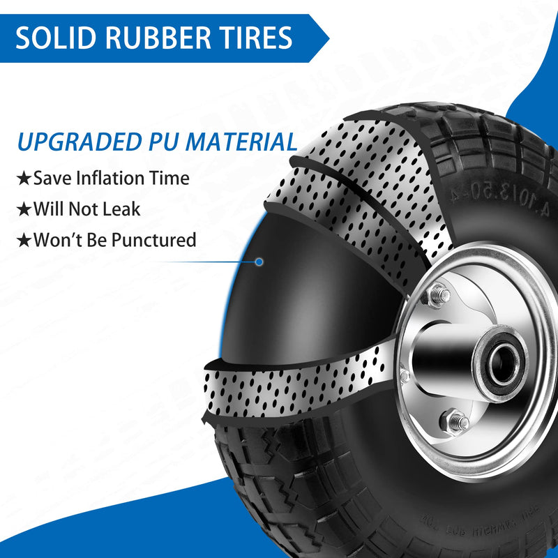 Phepetroll 10-inch flat-free solid tires and wheels with 5/8-inch axle bore for cart or wheelbarrow, 2-pack