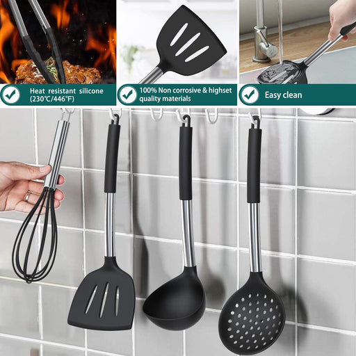 Silicone Cooking Utensil Set, Umite Chef 15pcs Silicone Cooking Kitchen Utensils Set, Non-stick - Best Kitchen Cookware with Stainless Steel Handle - Black - Grill Parts America