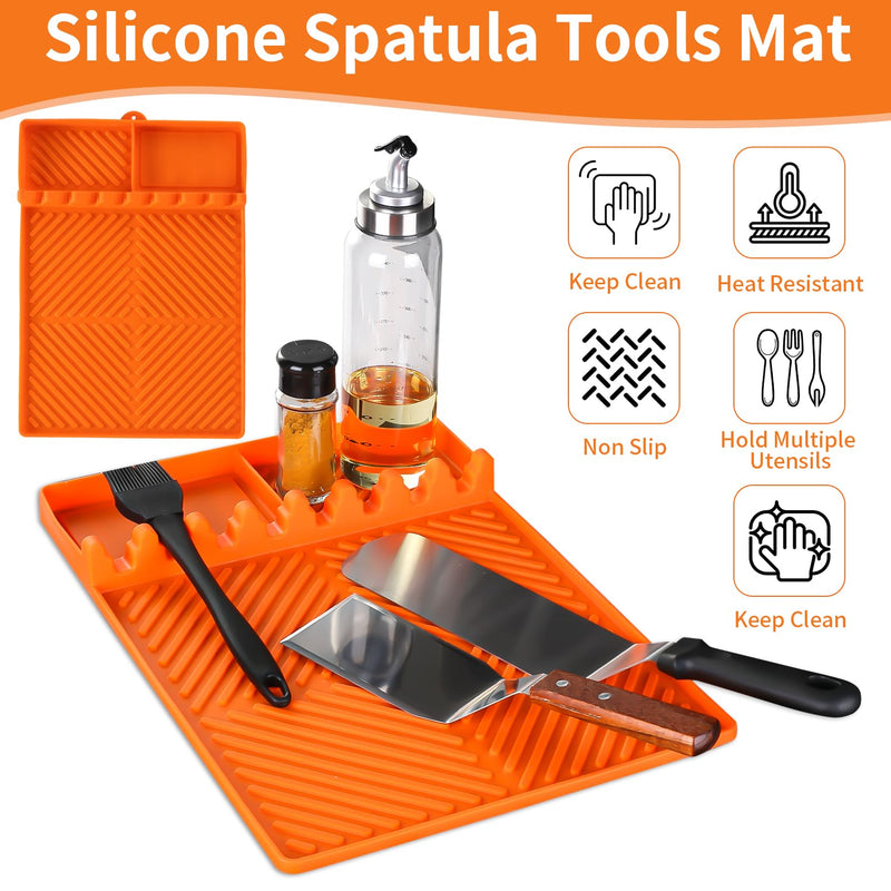 Griddle Mat Barbeque Grill Accessories Tools for Blackstone, Side Shelf Mat Grill Pad for Outdoor Grill Kitchen Counter Spatula Silicone Mat with Drip Pad for Kitchen, Cooking, Countertop (Orange) - Grill Parts America