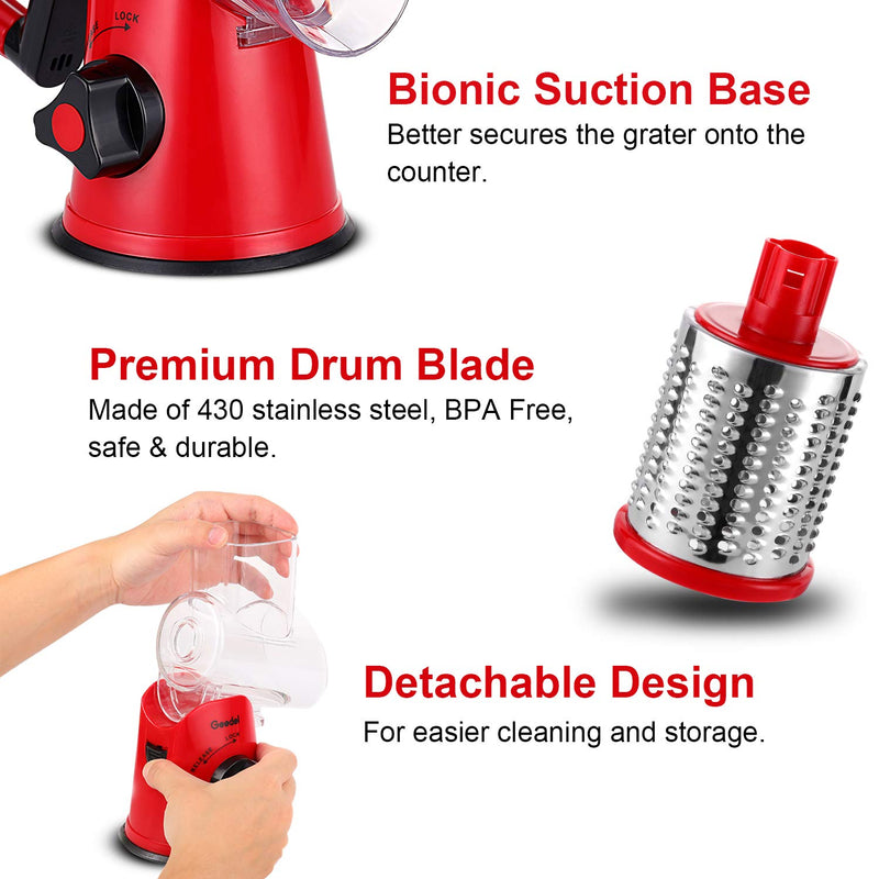 Geedel Rotary Cheese Grater, Kitchen Mandoline Vegetable Slicer with 3 Interchangeable Blades, Easy to Clean Grater for Fruit, Vegetables, Nuts - Grill Parts America