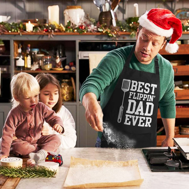 VAGAVY - Best Flippin Dad Ever Dad Apron with Pockets - Bottle Opener and Gift Box Included - Birthday, Father’s Day Grilling Gifts for Papa, Husband - Black Barbeque Apron for Daddy Men - Grill Parts America