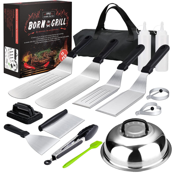 Griddle Accessories,15 Pcs Flat Top Grill Accessories kit for Blackstone and Camp,Stainless Steel BBQ Accessories with Spatula, Basting Cover,Tongs,Egg Mold & Carry Bag for Outdoor BBQ Teppanyaki - Grill Parts America
