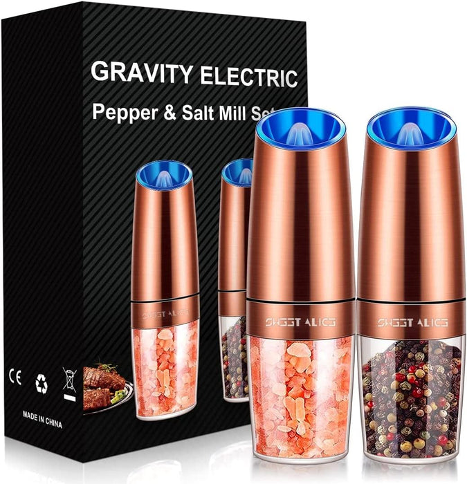 Gravity Electric Pepper and Salt Grinder Set, Adjustable Coarseness, Battery Powered with LED Light, One Hand Automatic Operation, Stainless Steel Copper, 2 Pack - Grill Parts America