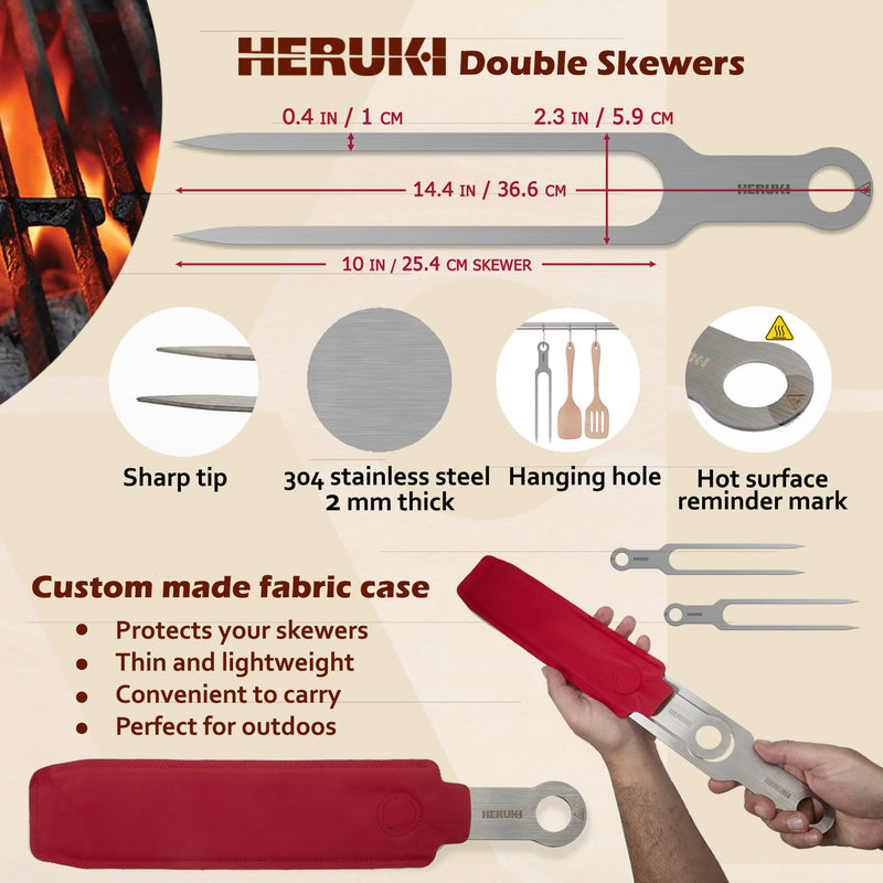 HERUKI Double Skewers 14.4" Stainless Steel Heavy Duty Double Prong Skewers for BBQ Kabob Shawarma Meat Fish Chicken Reusable bbq Accessories for Grill Master Arsenal - 2 Units - Grill Parts America