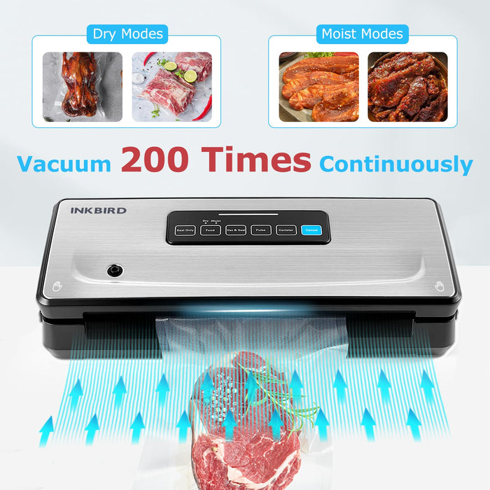Food Vacuum Sealer Machine 10-In-1 with Bag Storage(Up to 20FT) and Cutter, INKBIRD Food Sealer Vacuum Sealer for Food with Moist/Dry/Canister 5 Food Modes, Starter Kits Bags*5 and Bag Roll*1, 85KPa - Grill Parts America