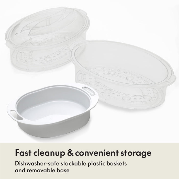 BELLA Two Tier Food Steamer with Dishwasher Safe Lids and Stackable Baskets & Removable Base for Fast Simultaneous Cooking - Auto Shutoff & Boil Dry Protection, Stainless Steel, 7.4 QT, Black - Grill Parts America