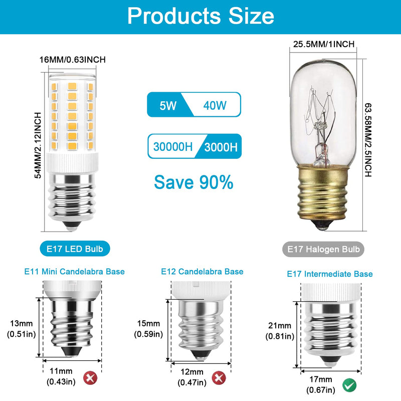 E17 LED Bulbs Dimmable 5W Microwave Over Stove Bulb 125V 40W Incandescent Equivalent, Warm White 3000K, Fit for Whirlpool Maytag GE Kenmore LG Microwaves, Replaces 8206232A 1890433 AP4512653, 2 Pack