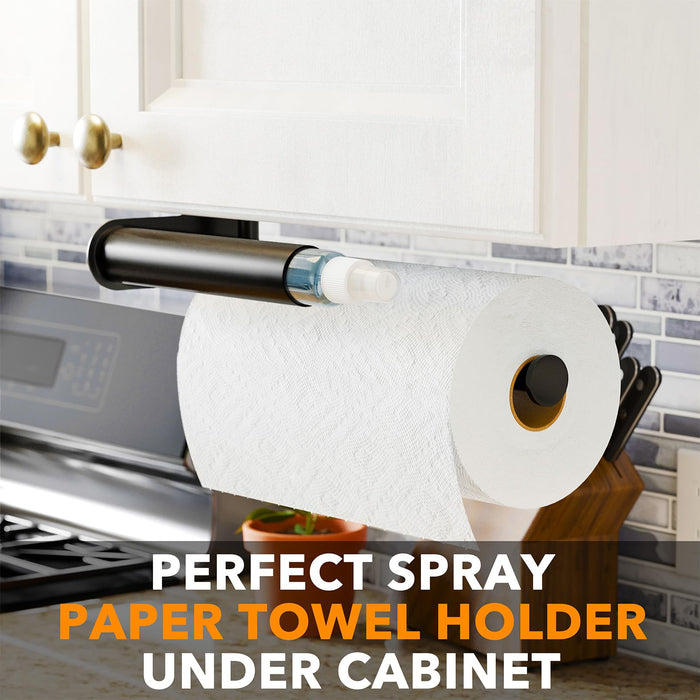 SpaceAid SprayNeat 2 in 1 Paper Towel Holder with Spray Bottle, Under Cabinet Paper Towels Holders with Sprayer Inside, Hanging Wall Mount Papertowels Roller for Kitchen (Black) - Grill Parts America