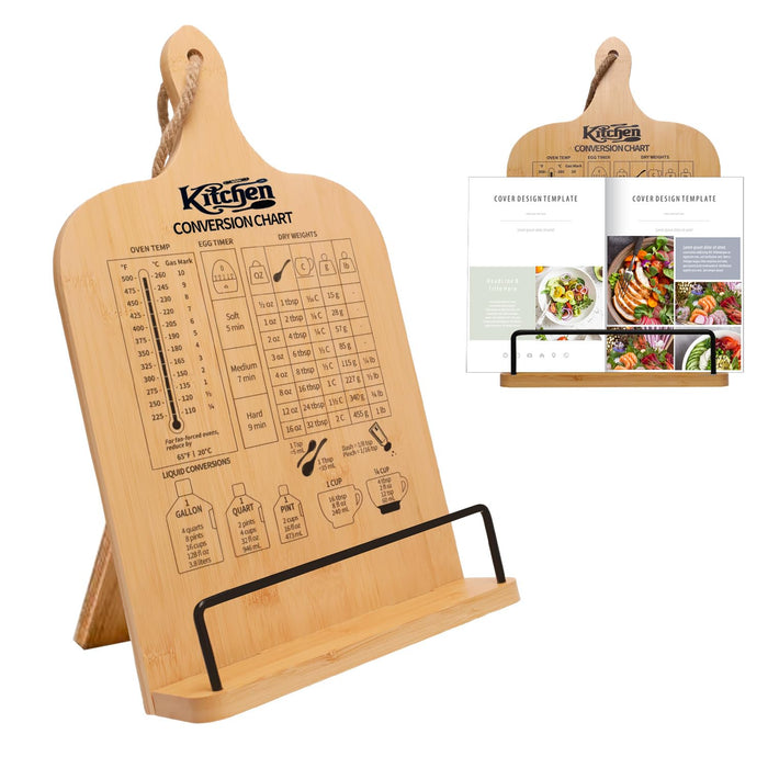 Femicgal Cookbook Stand for Kitchen Counter, Bamboo Cookbook Holder, Foldable Cook Book Holder, Adjustable Recipe Book Stand, Cook Book Stand with Measurement Conversion Chart - Grill Parts America