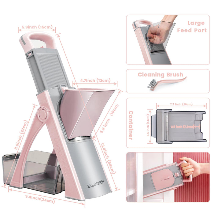 Upgrade Safe Mandoline Slicer Plus for Kitchen, SupMaKin Bigger Port Vegetable Food Potato Chopper, Adjustable Thickness, Julienne & Dicer Salad Making Chopping Artifact (Pink) - Grill Parts America